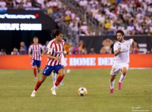 East Rutherford NJ July 26 2019 Joao Felix 7 of Atletico Madrid controls ball game against Real Madrid as part of ICC tournament at Metlife stadium Atletico won 7 3