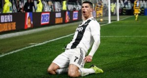 Turin Italy. 02 February 2019. Campionato Italiano di SerieA Juventus vs Parma 3 3. Cristiano Ronaldo Juventus celebrating the goal. BANNER 1