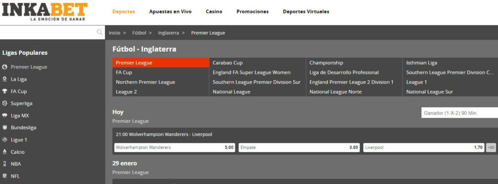 INKABET apuestas deportivas peru Premier League screenshot